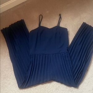 Navy Pleated Spaghetti-Strap Jumpsuit